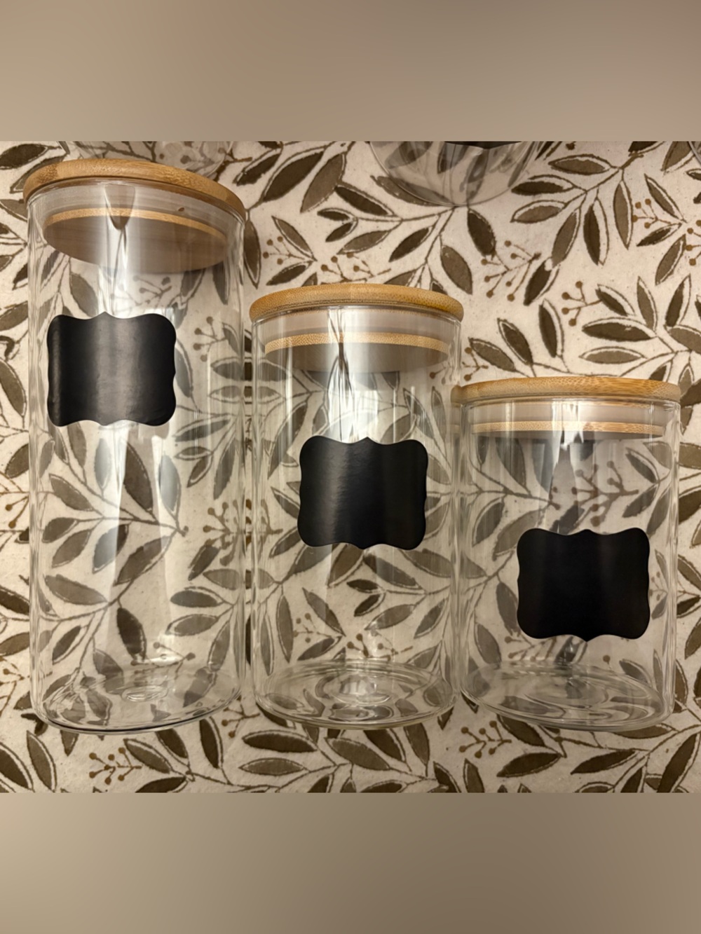 Clear Glass Jars (12) with Chalkboard Labels and Bamboo Lids